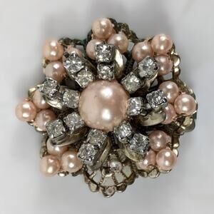 Vintage Pink Faux Pearl Scarf Dress Clip Rhinestone Floral Mid-Century Jewelry